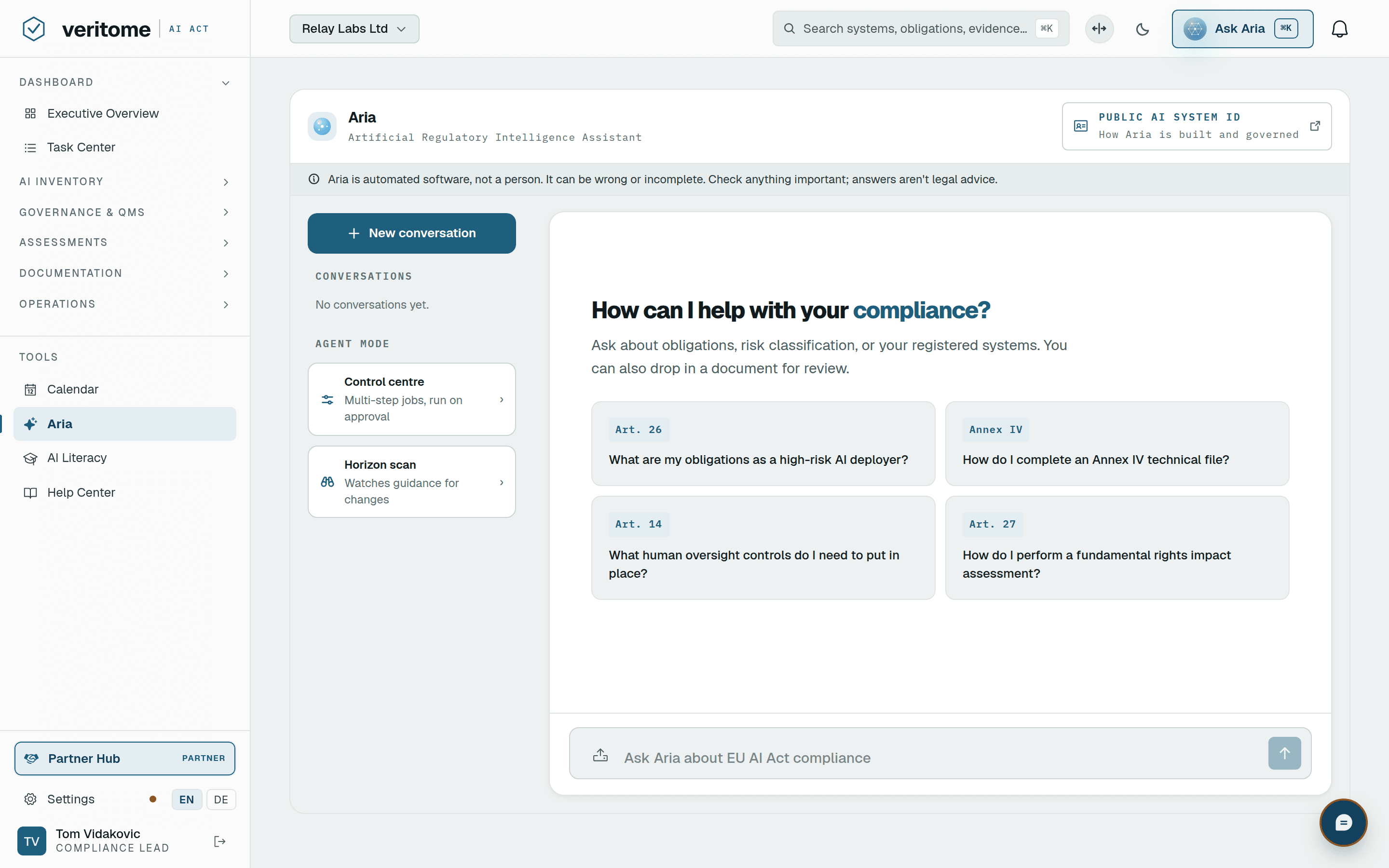 Aria, the Veritome co-pilot — a goal bar with suggested compliance goals, the approval inbox where every proposed change waits for a human signature, and the autonomy settings