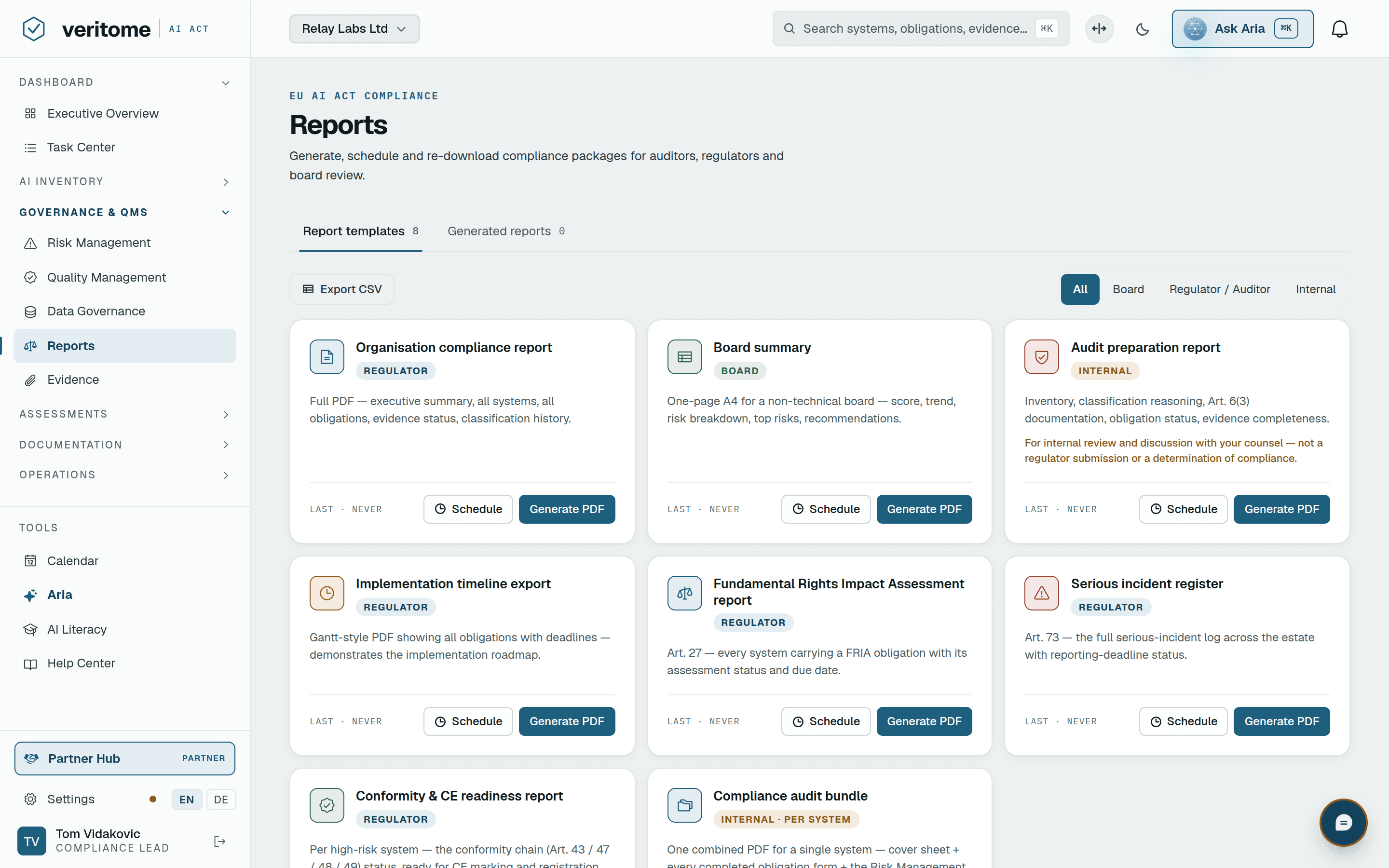 Veritome reports — organisation compliance report, board summary, audit preparation, FRIA report and serious-incident register, generated as PDFs